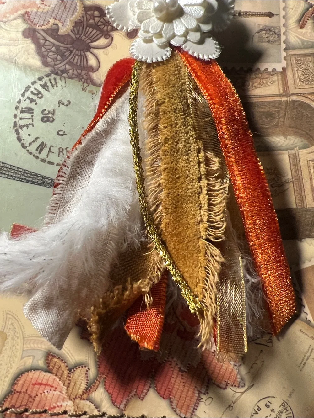 Boho Floral Tassel Keychain, purse charm. Orange, White & Gold